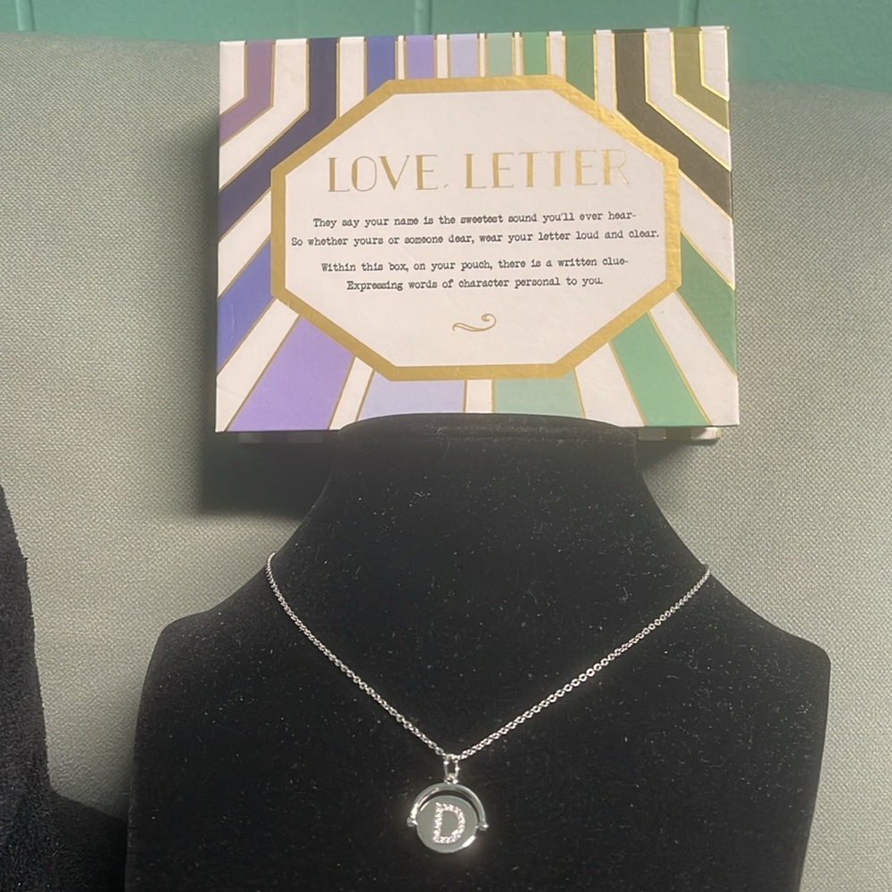 LULU DK LOVE LETTERS SPINNING INITIAL “D”NECKLACE SILVER PLATED & GIFT BOX 18”L
